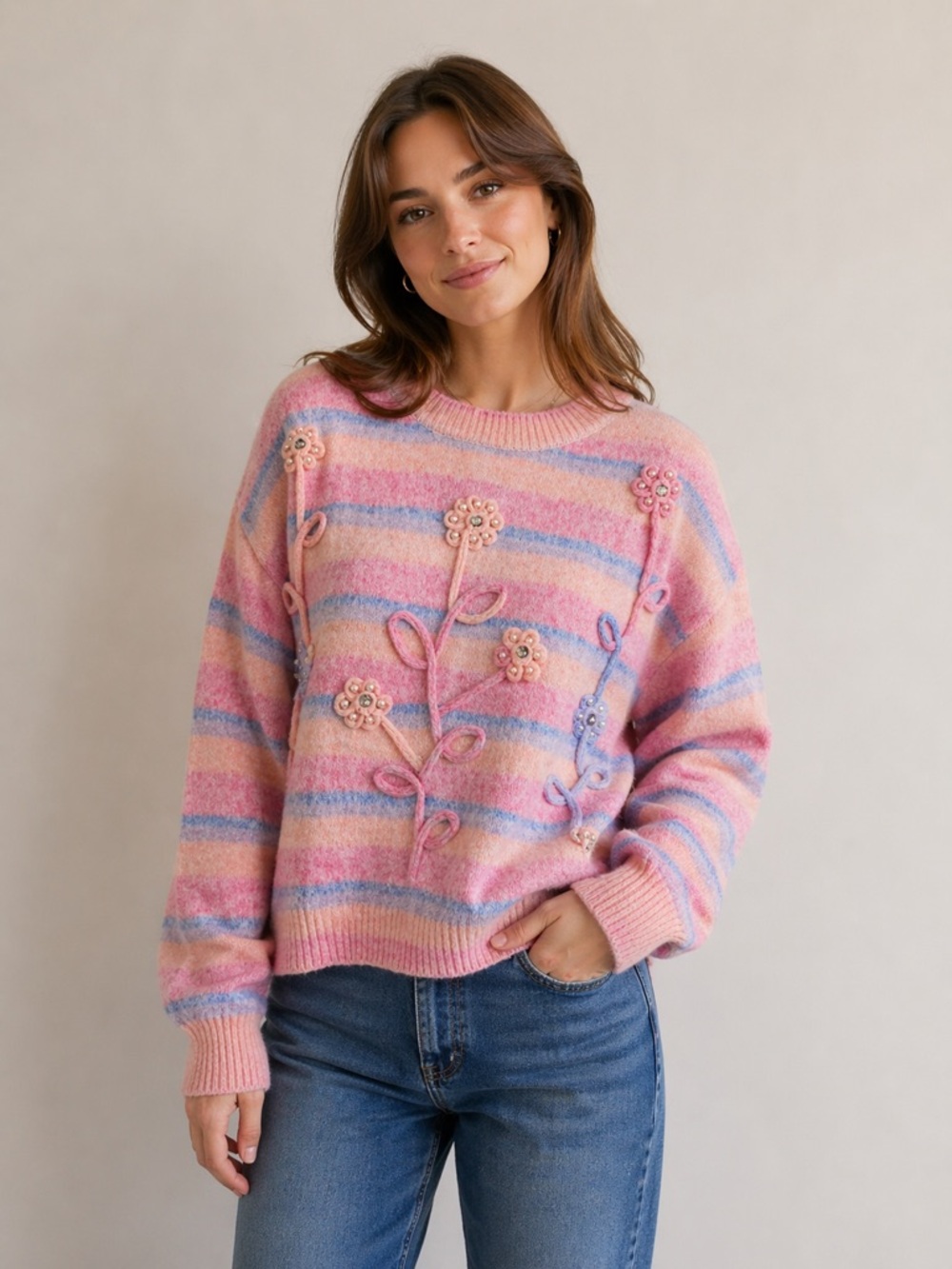 Massimo Floral Embroidered Sweater in Pink and Blue